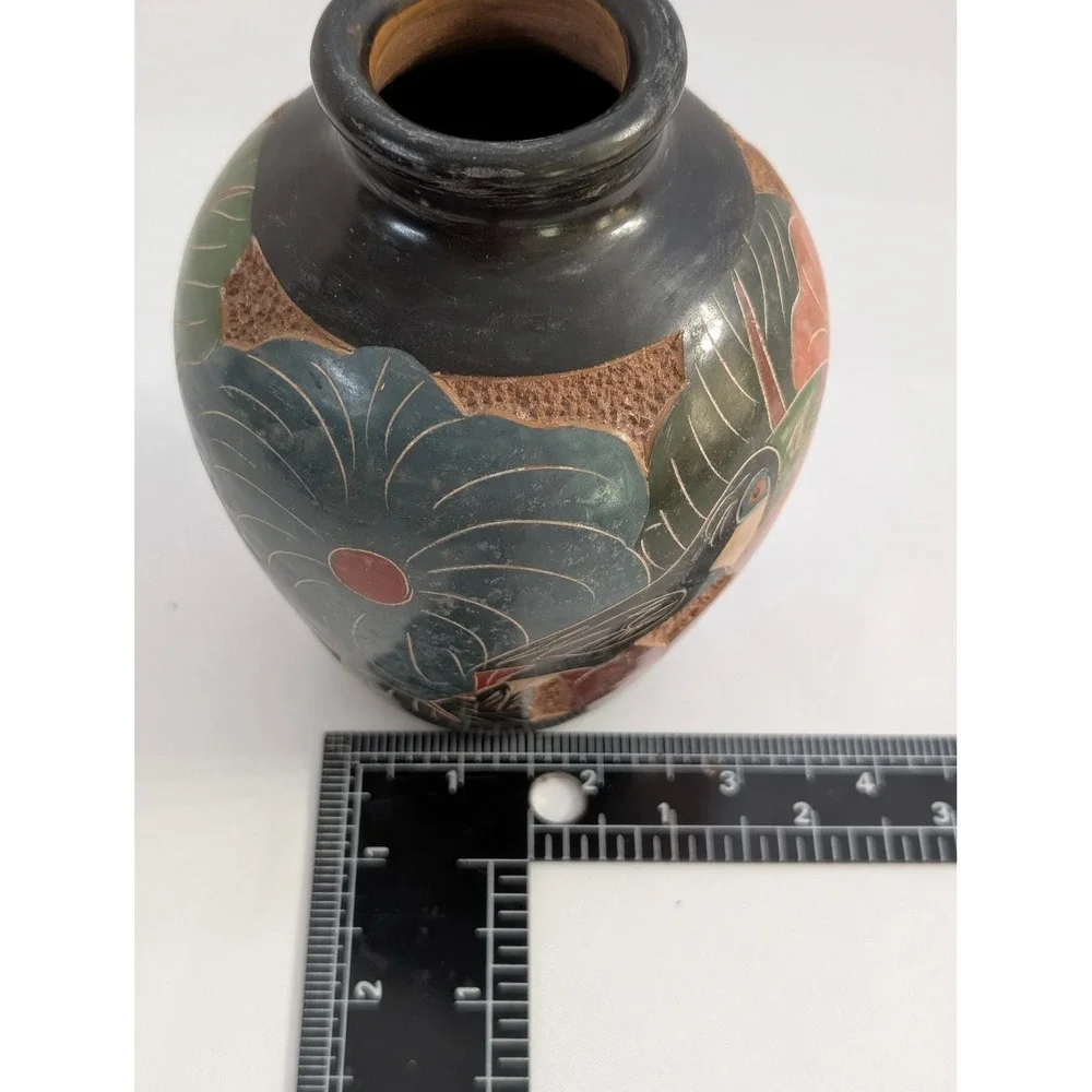 Vintage Folk Art Pottery Vase Bird Butterfly Flowers Black Clay Sgraffito